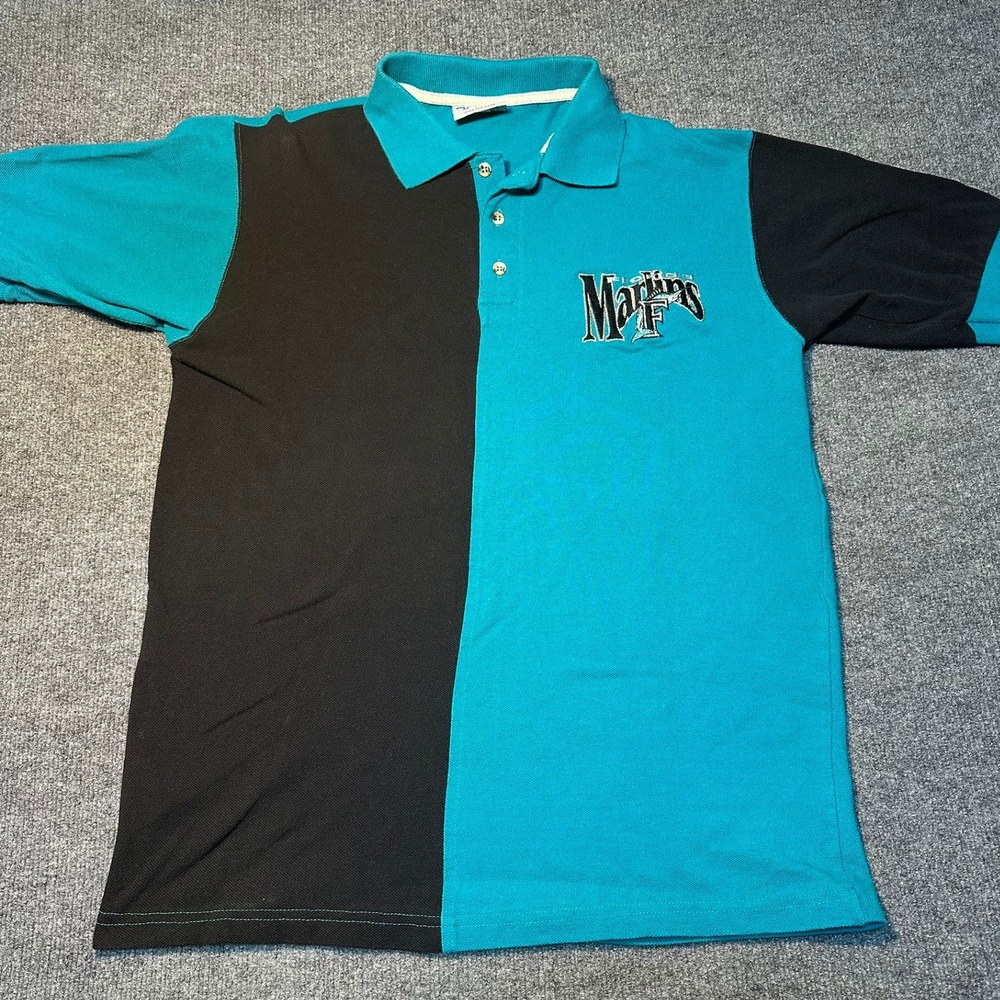 Vintage Florida Marlins The Game Colorblock Polo Shirt Mens Large Teal Black MLB